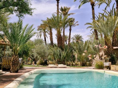 een zwembad in een tuin met palmbomen bij L'Ma Lodge in Skoura