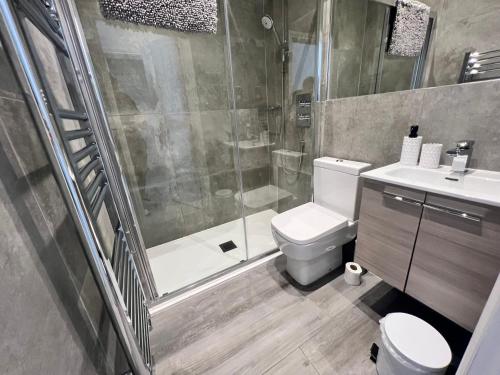 a bathroom with a shower and a toilet and a sink at Linden Garden apartment in Bedford