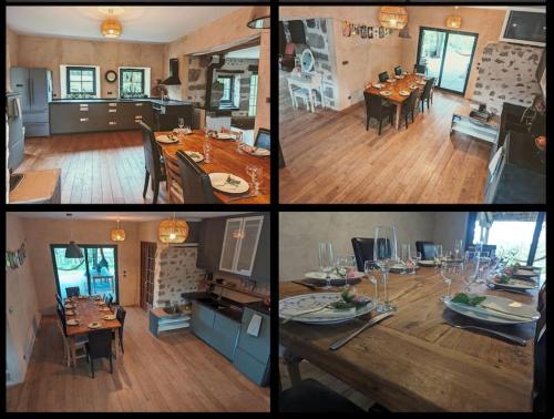 un groupe de quatre photos d'une cuisine et d'une salle à manger dans l'établissement Peyradise, à Saint-Pardoux-le-Neuf
