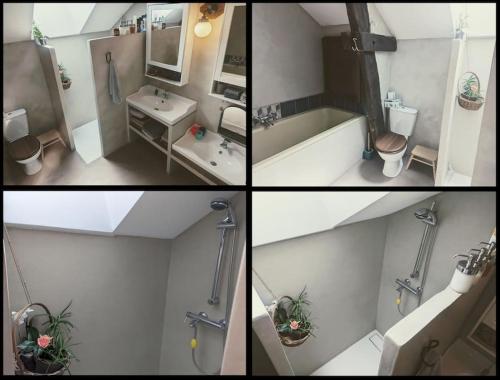 un collage de quatre photos d'une salle de bains dans l'établissement Peyradise, à Saint-Pardoux-le-Neuf