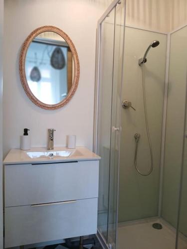 une salle de bain avec un lavabo et une douche avec un miroir dans l'établissement Appartement avec beau balcon, à Mers-les-Bains