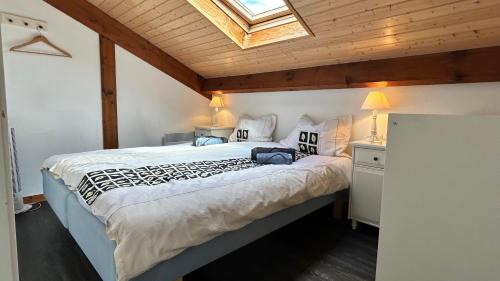 une chambre avec un grand lit avec une lucarne dans l'établissement Jolie maison de vacances avec terrasse et jardin, à Saint-Julien-en-Born