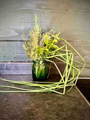 a glass jar filled with plants on the ground at Sissinghurst Stables in Cranbrook