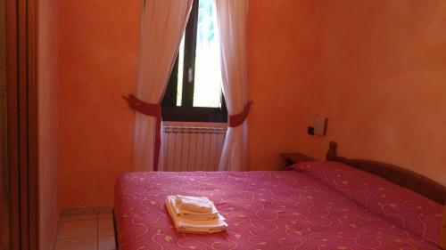 een slaapkamer met een bed met paarse lakens en een raam bij Hotel il Rifugio del Lupo scanno in Scanno