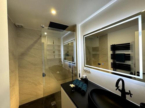 une salle de bain avec un lavabo et une douche avec un miroir dans l'établissement Appartement Luxueux avec vue dégagée panoramique sur PARIS et alentours, à Châtillon