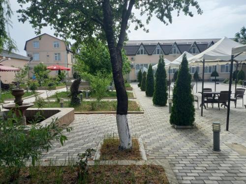 a courtyard with a tree and a table and chairs at Gold Hotel Quba in Quba