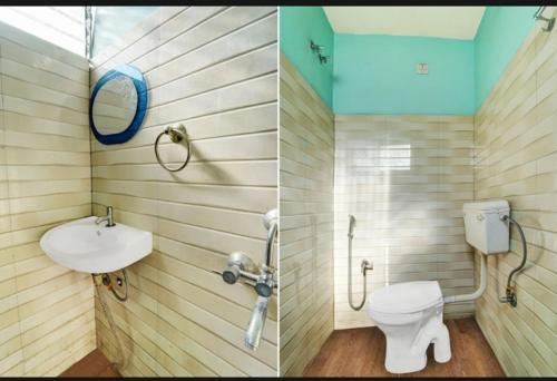 2 zdjęcia łazienki z toaletą i umywalką w obiekcie Hotel 27 degree w mieście Dhanbad