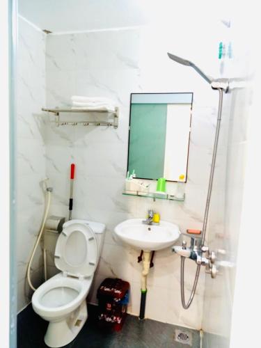 a bathroom with a toilet and a sink and a mirror at Primrose Homestay Cao Bang in Cao Bằng