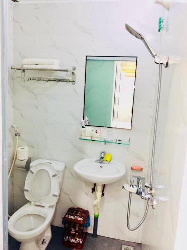 a bathroom with a toilet and a sink and a mirror at Primrose Homestay Cao Bang in Cao Bằng