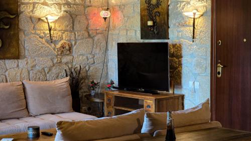 a living room with a tv on a stone wall at Villa Palma Posidi with Private pool in Kalandra