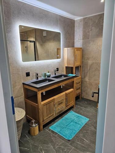 une salle de bain avec un lavabo et un grand miroir dans l'établissement Superbe bas de Villa au calme, à Cagnes-sur-Mer