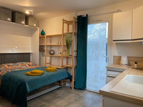 une petite chambre avec un lit et une cuisine dans l'établissement Studio cocooning Jeanne au calme avec terrasse, à Romans-sur-Isère