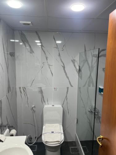 a bathroom with a shower and a toilet and a sink at El Sheikh Suites Hotel in Beirut