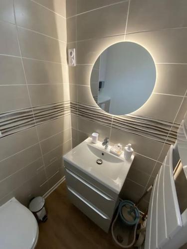 une salle de bain avec un lavabo et un miroir et des toilettes dans l'établissement 1 - Quartier des Cordiers accès funiculaire à 100m, au Tréport