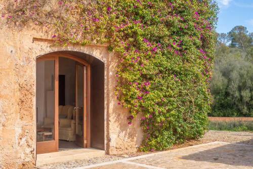 an entrance to a building with pink flowers at Can Pere Rapinya in Algaida