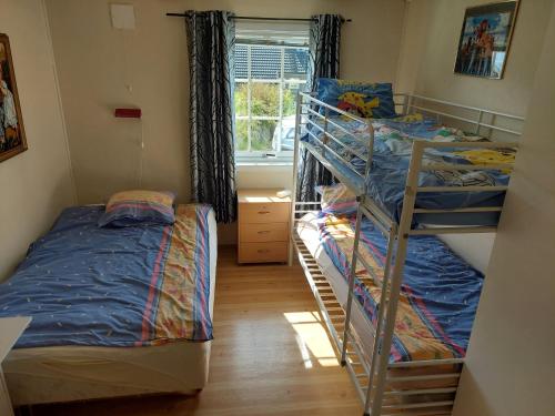 1 Schlafzimmer mit 2 Etagenbetten und einem Fenster in der Unterkunft Ålesund Apartment with free parking in Ålesund