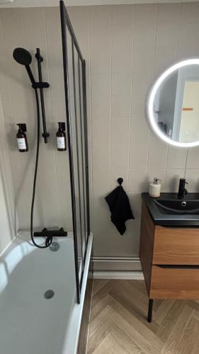 une salle de bain avec douche et lavabo dans l'établissement Côté Cour - Coeur Centre historique Dijon, à Dijon