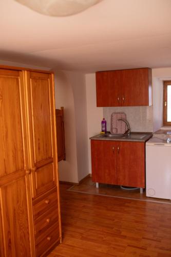 a kitchen with wooden cabinets and a white refrigerator at Európa Szíve vendégház in Tállya