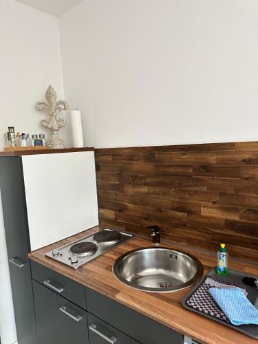 a kitchen with a sink and a counter top at Ostwind - ferienwohnungen & meer in Steffenshagen
