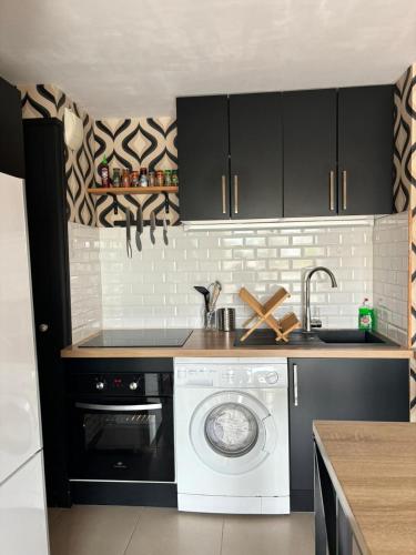 une cuisine avec une machine à laver et un évier dans l'établissement La Parenthèse Rochelaise, à La Rochelle