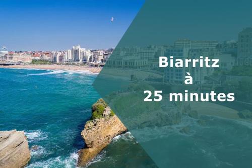 a picture of the beach with the words barbaja a minutes at maison cosy avec piscine, tennis, piste cyclable in Ondres