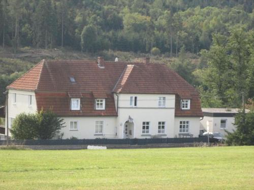 een groot wit huis met een bruin dak bij Große Ferienwohnung in Medebach mit Großer Terrasse in Medebach