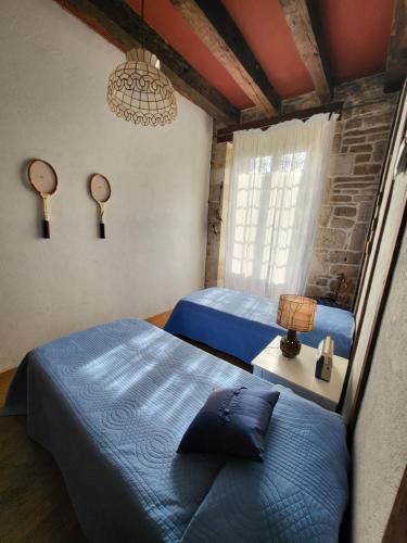 une chambre avec deux lits jumeaux et un lustre dans l'établissement Grande maison avec jardin, tennis et piscine privés dans le calme dun vieux village lotois, à Strenquels