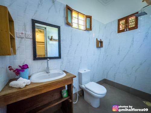 a bathroom with a sink and a toilet at Tofauti Inn in Makunduchi