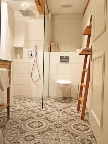 a bathroom with a shower and a toilet at Gasthaus zum Bauernhof in Oberlunkhofen