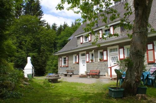 a house with a picnic table in front of it at Ferienhaus Stefano in Bad Berleburg