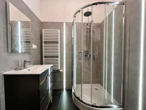a bathroom with a shower and a sink at Willa Ogrodnika in Błażowa
