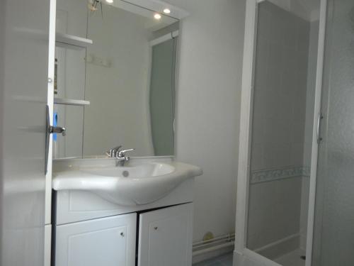 une salle de bain blanche avec un lavabo et une douche dans l'établissement Maison 2 pièces avec mezzanine, accès direct plage, terrasse, parking, 6 couchages, animaux acceptés. - FR-1-229D-124, à Saint Pierre La Mer