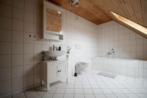 a white bathroom with a sink and a toilet at Zu Gast bei den Zaungästen in Radeburg