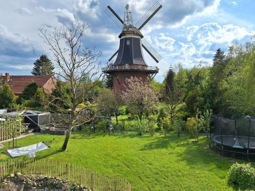 a windmill in the middle of a green yard at Ferienhaus Mühlchen 25585 in Weener