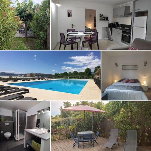 un collage de photos d'une maison avec piscine dans l'établissement T2, Picculu - Jardín, piscina, 4 pers, parking, à Porto-Vecchio