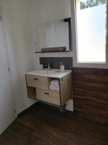 une petite salle de bain avec un lavabo et une fenêtre dans l'établissement Petite maison neuve proche du lac, à Parentis-en-Born