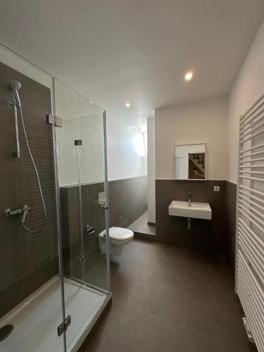 ein Bad mit einer Dusche, einem WC und einem Waschbecken in der Unterkunft Ar Living Frankfurt Königsteinerstr in Frankfurt am Main