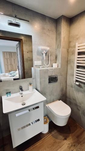 a bathroom with a sink and a toilet and a mirror at Olimpijska pokoje in Szczyrk