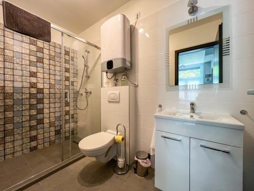 a bathroom with a toilet and a sink and a shower at Pauzo Balaton in Balatonföldvár