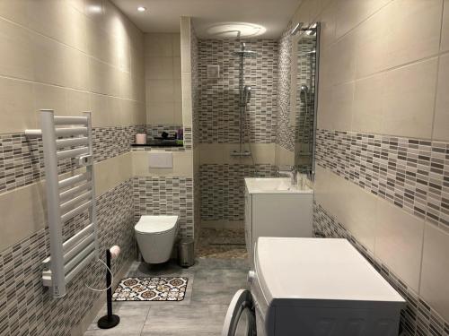 une salle de bain avec un lavabo, des toilettes et une douche dans l'établissement Le campagnol, à Morgemoulin