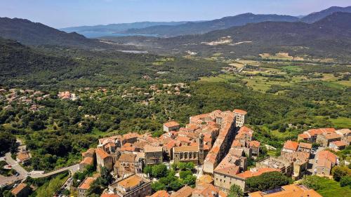 una vista aérea de una ciudad con casas y árboles en Villa corse en Sartène