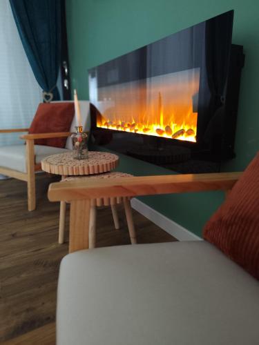 - un salon avec une cheminée et un canapé dans l'établissement La Bulle Ensablée, à Sangatte