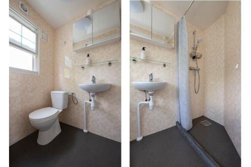 two pictures of a bathroom with a toilet and a sink at 75, Relax - Nature - Cycling - Hiking - Central! - Leisure only in Oisterwijk