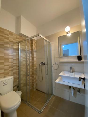 ニキティにあるGeorgoudi Apartmentsのバスルーム(シャワー、トイレ、シンク付)