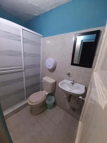 a bathroom with a toilet and a sink at Rivera Hostel in Santa Marta