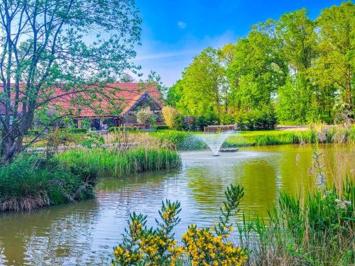 a pond in a garden with a fountain in the middle at Hay's Wood Retreat - Holiday Lodges in North Runcton