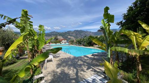una piscina con montagne sullo sfondo di Hotel Ideal a Malcesine