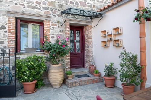 a brick house with a red door and potted plants at ΑΝeΜΙ in Anemótia