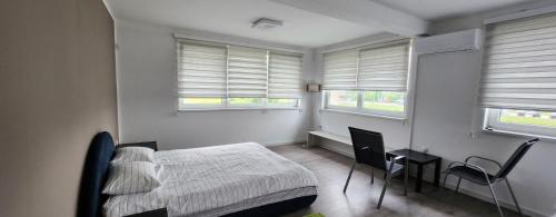 a bedroom with a bed and a desk and two windows at Urban villa in Sarajevo