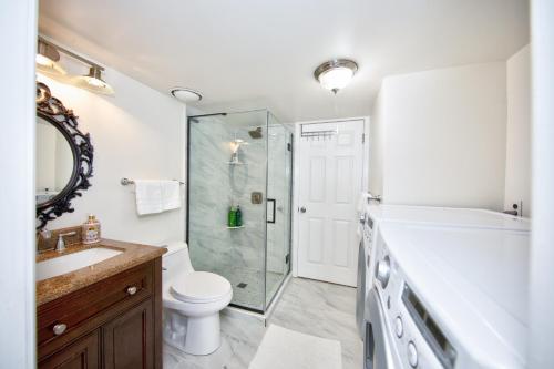 a bathroom with a shower and a toilet and a sink at Watch Deer from a Farm Cottage in Bel Air